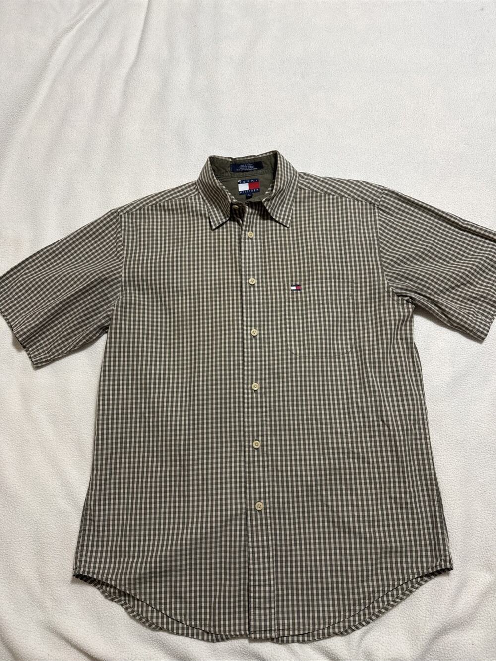 VTG 90’s Tommy Hilfiger Green Plaid Short Sleeve Button Down Shirt Size Small